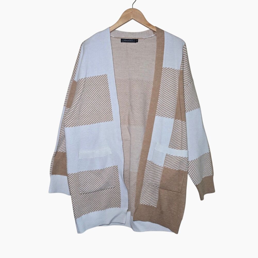 MEROKEETY Color Block Striped Open Front Cardigan Sweater Womens XL Beige Tan